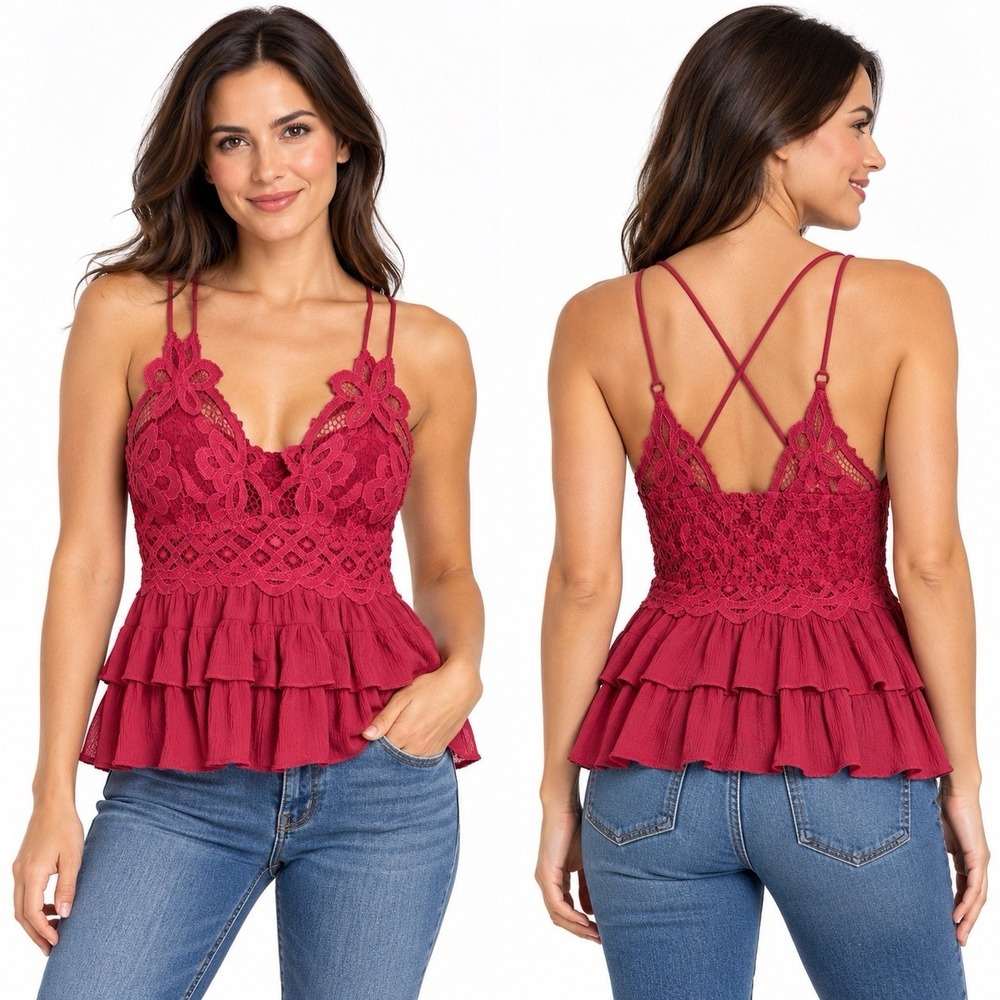 Free People FP One Red Adella Lace Ruffled Peplum Cami Top Small Boho Festival